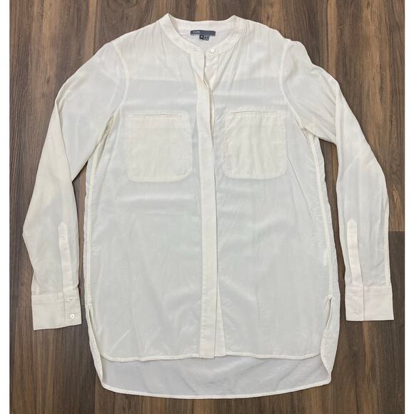 Women VINCE 100% silk cream banded collar button up oversized blouse top 4 - Picture 1 of 4
